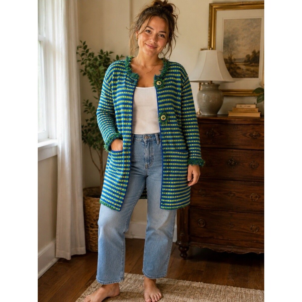 Vintage Sweater Story Book Knits Large Long Cardigan "Elegant Peacock" Embellish